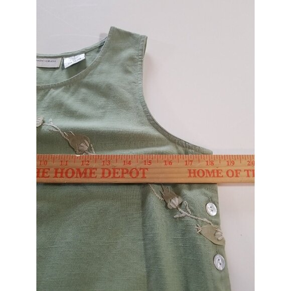 Vintage 90s Dress PS Midi Cotton Green Applique Leaves Sleeveless Jumper Pinafor - Picture 5 of 13